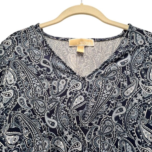 Michael Kors Paisley Bell Sleeve Top Metallic Shoulder VNeck Navy White S Womens - Picture 3 of 11